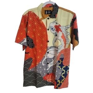 TacHuntFish Oriental Koi Print Mojito Button Up Shirt Mens Large Tropical NEW